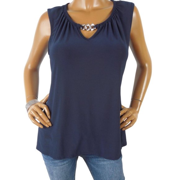 NOTATIONS Top M Navy Blue Shirt Stretch Sleeveless - Picture 2 of 7